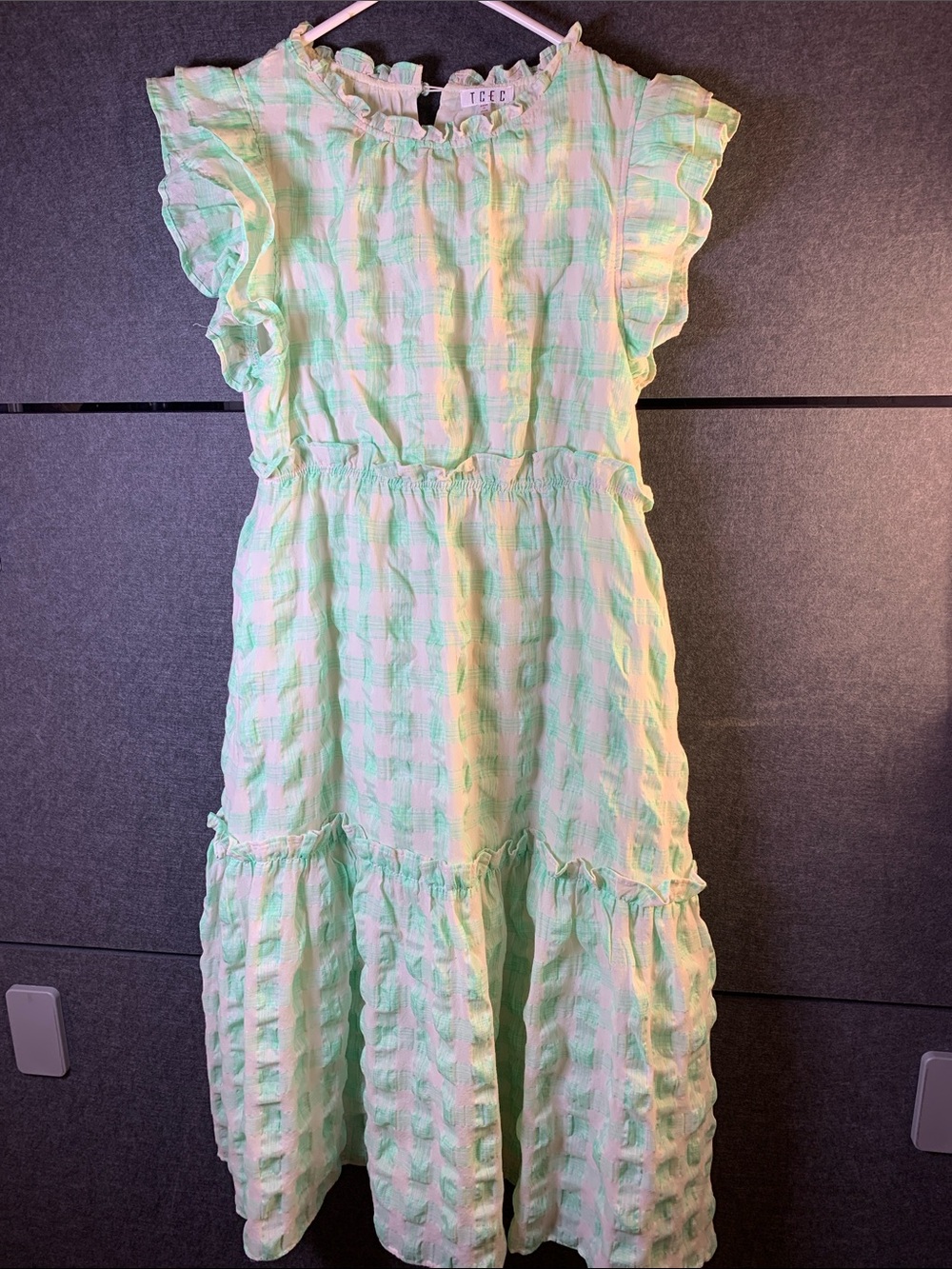 TCEC Mint Green Gingham Ruffle Tiered Casual Dress